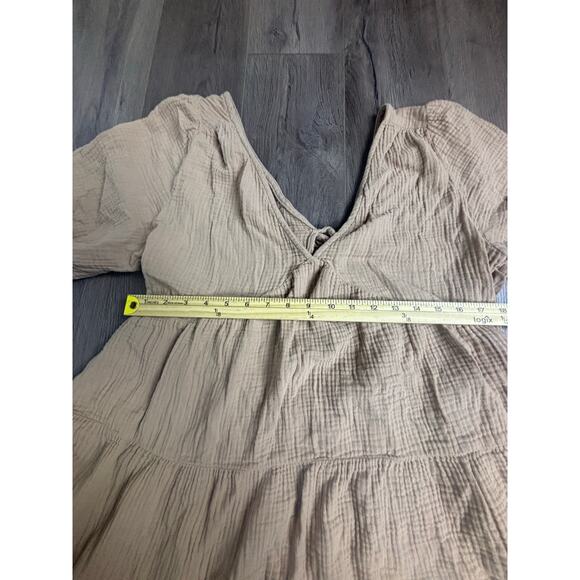 Aerie Cotton Gauze Tiered Mini Dress Tan Beige Puff Sleeve V-Neck Size XL Boho - Picture 3 of 8